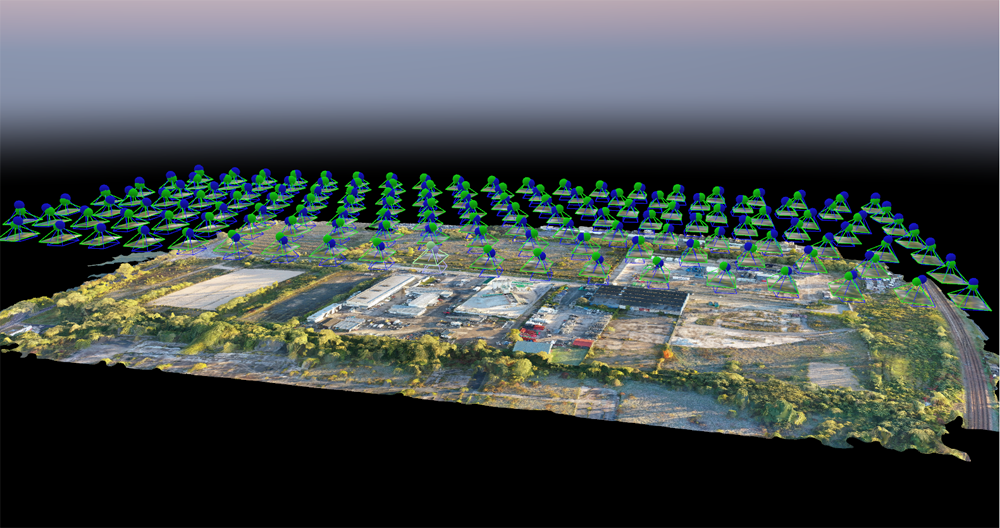 Cette photo représente le nuage de points en photogrammétrie pour résolution 3 D et calcul de volumes d'un site industriel